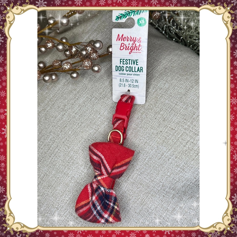 XS Petsmart Red Plaid Bow Tie Dog Collar Holiday Present Box Christmas Cat Santa